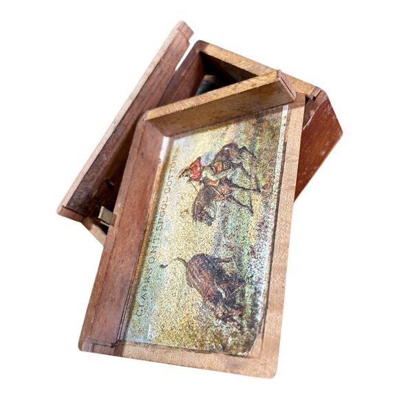 Antique Wood Box Clarks ONT Spool Cotton Advertising Piece Roping Cowboy - Picture 2 of 9